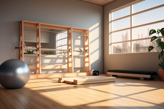 Interior of a modern gym with fitness equipment. 3d rendering