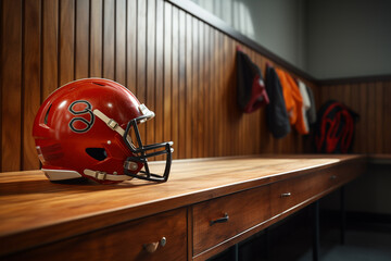 American football helmet on a shelf in a locker room. 3D rendering.