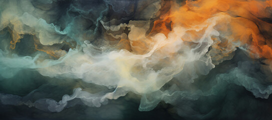 abstract smoke on an orange background, in the style of crystalline and geological forms, recycled material murals, collage-like, dark gray and dark emerald, aerial view, resin, organic formations - obrazy, fototapety, plakaty