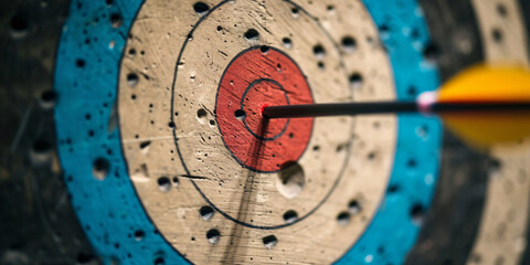 a target with an arrow at its center - obrazy, fototapety, plakaty