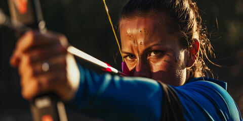 woman shooting an arrow, archer, athlete - obrazy, fototapety, plakaty