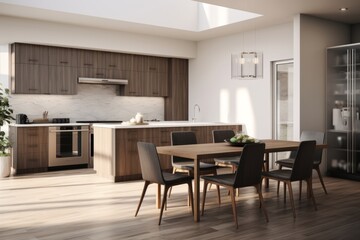 3D render of a contemporary kitchen with state-of-the-art appliances, minimalist cabinets, and a stylish dining area