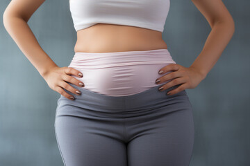 Close-up of overweight woman with belly Weight loss concept - obrazy, fototapety, plakaty