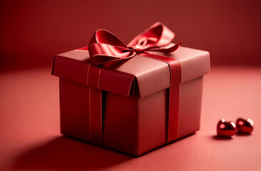 red gift box with red ribbon on the table with red hearts. gift for lovers. valentine's day