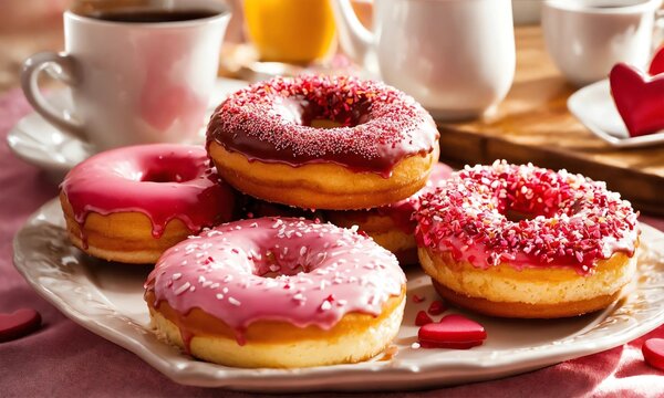 Donuts with coffee, tea,  Valentine's day concept