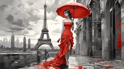 Foto op Canvas woman in red dress against the background of paris and the eiffel tower, cubism © Marcin