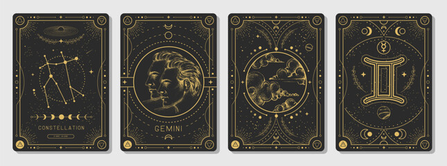Set of Modern magic witchcraft cards with astrology Gemini zodiac sign characteristic. Vector illustration