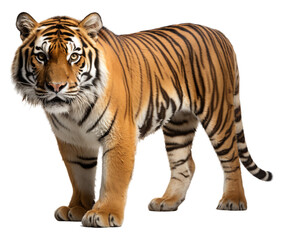 Fototapeta premium Portrait of a standing tiger animal seen on the side isolated on a transparent background. generative ai