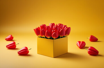 red tulips on a yellow background close-up and a box for a ring in the form of a heart