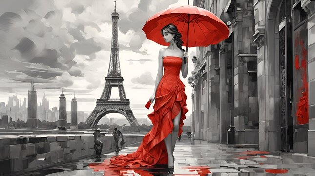 woman in red dress against the background of paris and the eiffel tower, cubism