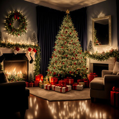Fototapeta na wymiar a beautiful large Christmas tree stands in a large spacious hall. Christmas mood