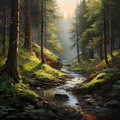 Amazing Realistic Cinematic Summer magical Forest,,
Sunlit Tranquility: Forest Stream Bathed in Golden Glow"