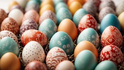 Fototapeta na wymiar Colorful easter eggs in nest on wooden background, close up