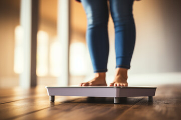 Close up of woman standing on scales at home. Weight loss concept - obrazy, fototapety, plakaty