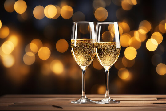 Glasses of champagne on bokeh lights background. New Year celebration