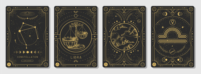 Set of Modern magic witchcraft cards with astrology Libra zodiac sign characteristic. Vector illustration