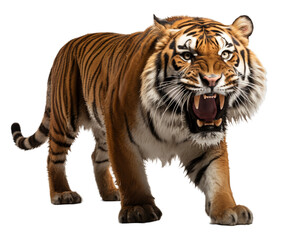 Fototapeta premium Portrait of standing tiger animal with roaring expression isolated on transparent background. generative ai