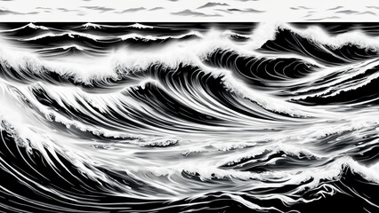 Wallpaper in black, white and shades of gray with a wavy pattern of sea waves 4K