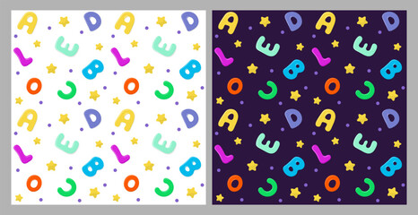 Set of seamless children's patterns with a pattern of bright letters, stars and peas on a light and dark background.Flat style pattern for print, scrapbooking,textiles,wallpaper.Vector illustration