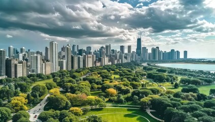 Panorama view of chicago park lawn with river view