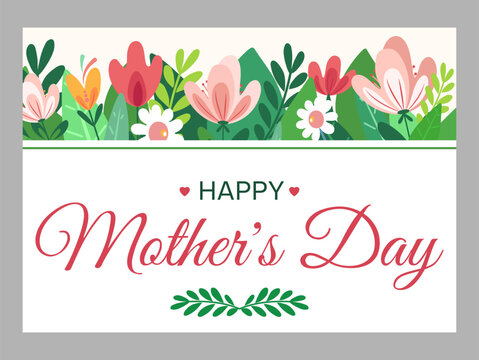 Mothers Day. Illustration of bright stylized spring flowers on a white background. Flat style for banner, print, invitation. Concept for celebrating Women's Day or Valentine's Day. Vector illustration