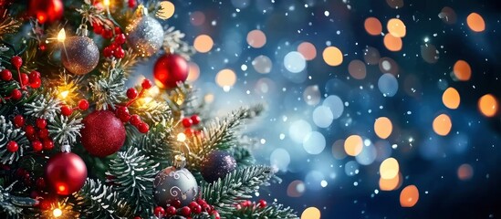 Obraz na płótnie Canvas Christmas tree with ornaments, balls and lights on dark blue background.