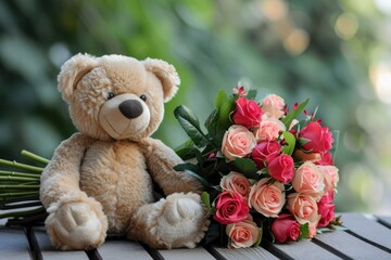 A cute teddy bear sitting next to a beautiful bunch of flowers