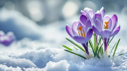 Beautiful crocuses growing through snow, space for text - obrazy, fototapety, plakaty