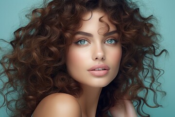 Fototapeta premium a curly-haired girl with a lush chic hairstyle laid on a mint background. concept: hair care, youth and beauty.