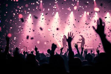 Crowd of people attending a musical performance with hands raised at a concert Confetti falling from the sky - obrazy, fototapety, plakaty