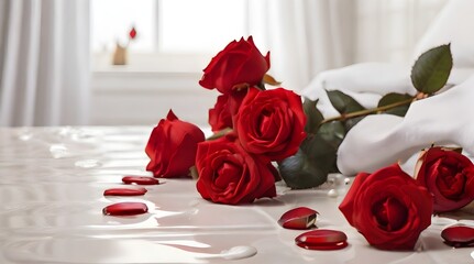 Morning Serenity with Red Roses on White