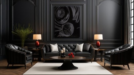 Black sofa and armchairs against a black classic wall.