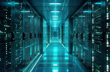 futuristic server room or data center corridor with neon lights in dark background - obrazy, fototapety, plakaty