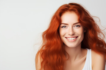 Fototapeta premium Beautiful red haired Model: Closeup Portrait, Radiant Smile, Clean Teeth - Ideal for Dental Ads. Isolated on White Background
