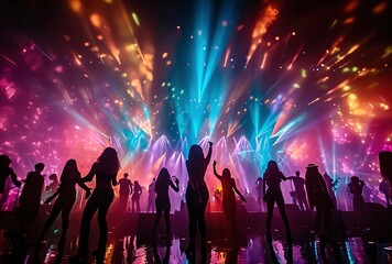 dancers on stage at a nightclub enjoying - obrazy, fototapety, plakaty