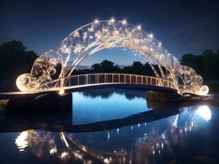 "Illuminated Tranquility: A Bridge of Light Over Waters, Creating a Mesmerizing Path of Stars - An Enchanting Fusion of Nature, Architecture, and Radiant Serenity."