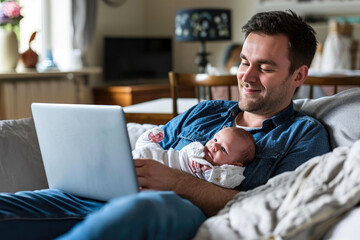 Obraz premium Digital Dad: Young Father Juggling Parenthood and Technology