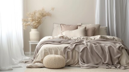 Minimalist living room interior with beige and grey bedding on bed