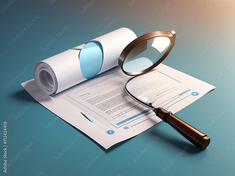 Poster 3d render vector paper contract document or receipt bill with search magnifying glass symbol design.