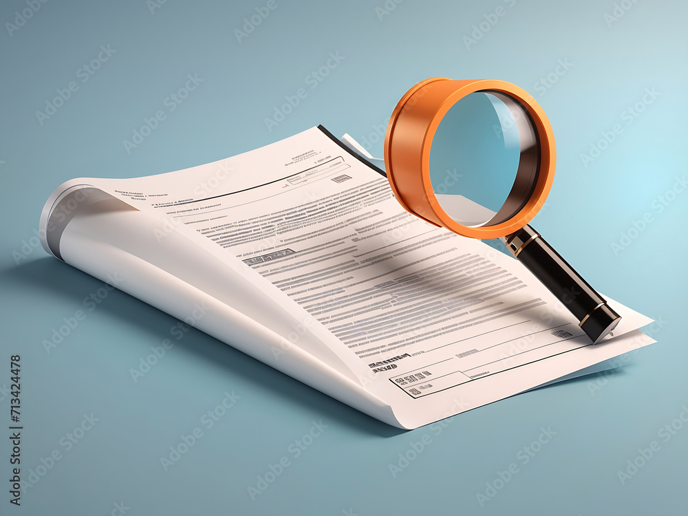 Poster 3d render vector paper contract document or receipt bill with search magnifying glass symbol design.