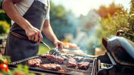 Unrecognizable man cooking beef on a barbecue grill in the backyard - obrazy, fototapety, plakaty