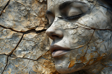 A woman's face with cracked skin and framed by dry leaves, tells a visual tale of resilience, embodying the transformative beauty that emerges from the natural cycles of life.