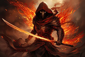 Fantasy warrior with a fire sword, flame background, a furious brave warrior in action mood, gaming character, knight with the magic sword.