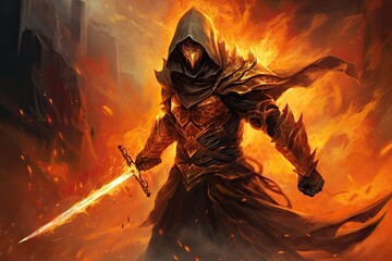 Fantasy illustration of a fantasy warrior with a sword in fire, Samurai warrior in armor and mask against the background of a burning ruined city, japanese samurai. Medieval Hero.