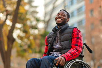 Fototapeta na wymiar Joyful African Man with Cerebral Palsy Embracing Life Outdoors
