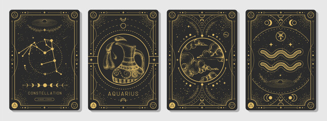 Set of Modern magic witchcraft cards with astrology Aquarius zodiac sign characteristic. Vector illustration