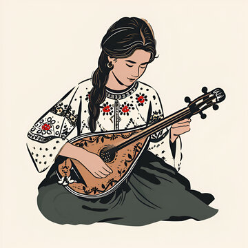 woman playing mandolin, folk style, white background clip art preview