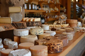 Fototapeta na wymiar Artisan cheese shop with specialty cheeses and tasting room