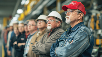 Fototapeta premium A group of senior workers stands in the automobiles assembly line and listens attentively to the speaker. Election marathon, future presidential elections