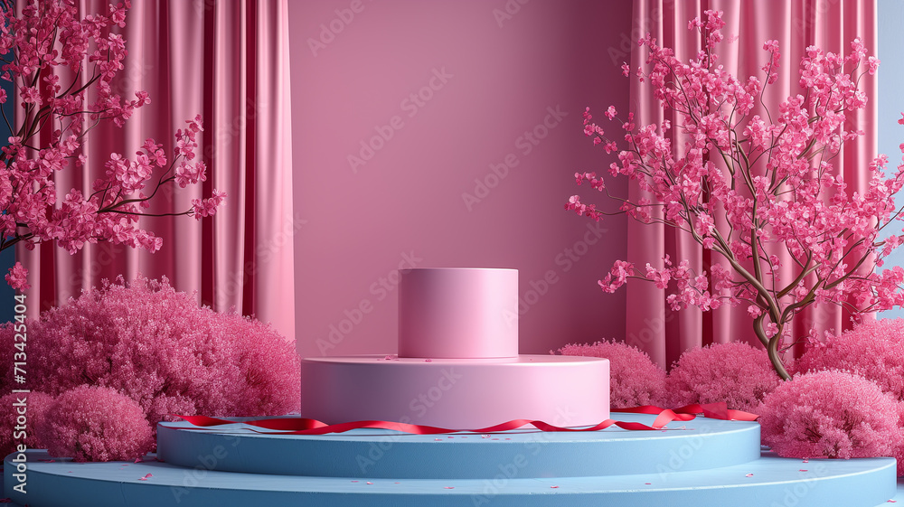 Poster 3d render of podium for product display with cherry blossom background